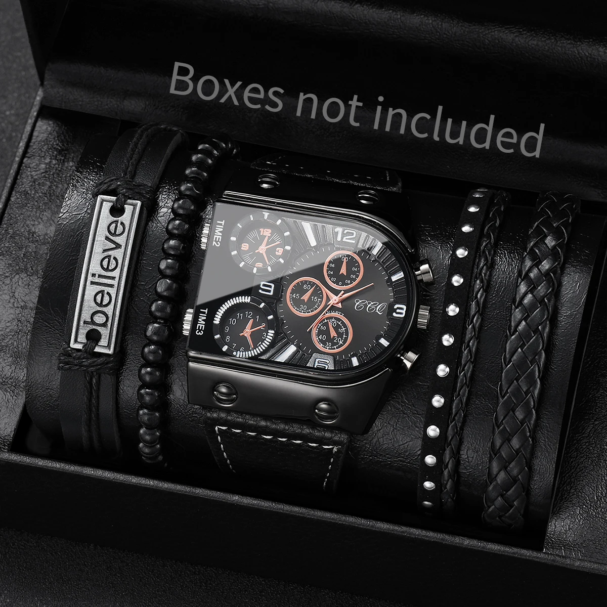 4/5PCS Fashion Big Dial Men Quartz Watches Casual Leather Band Mens Sports Watch Vintage Bracelets Set（Without Box）