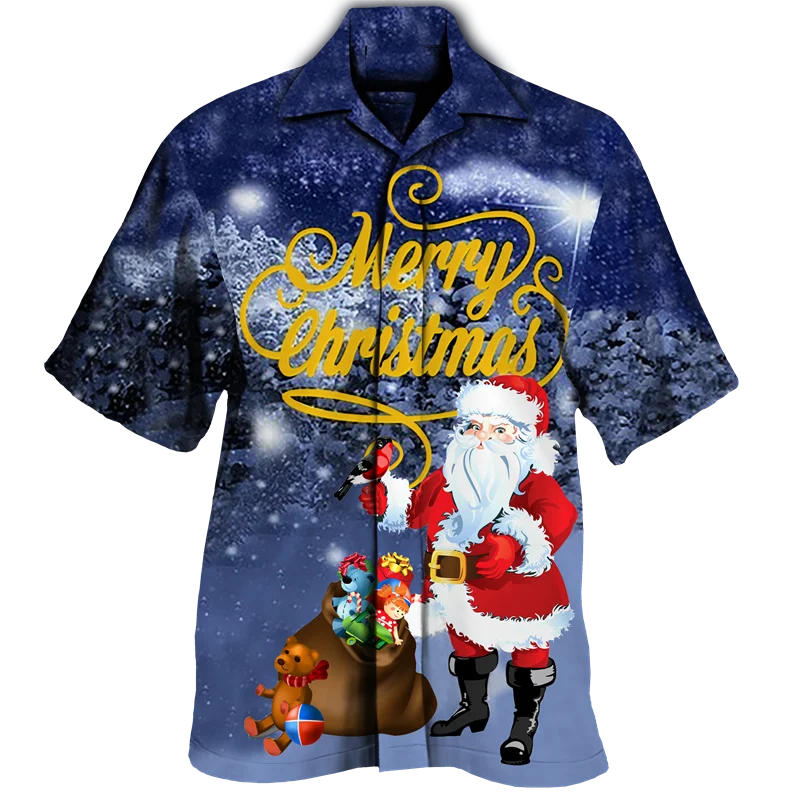 New Year Christmas Men Hawaiian Shirt Xmas Santa Claus Casual Short Sleeve Lapel Tops 3D Print Holiday Party Merry Y2k Blouse