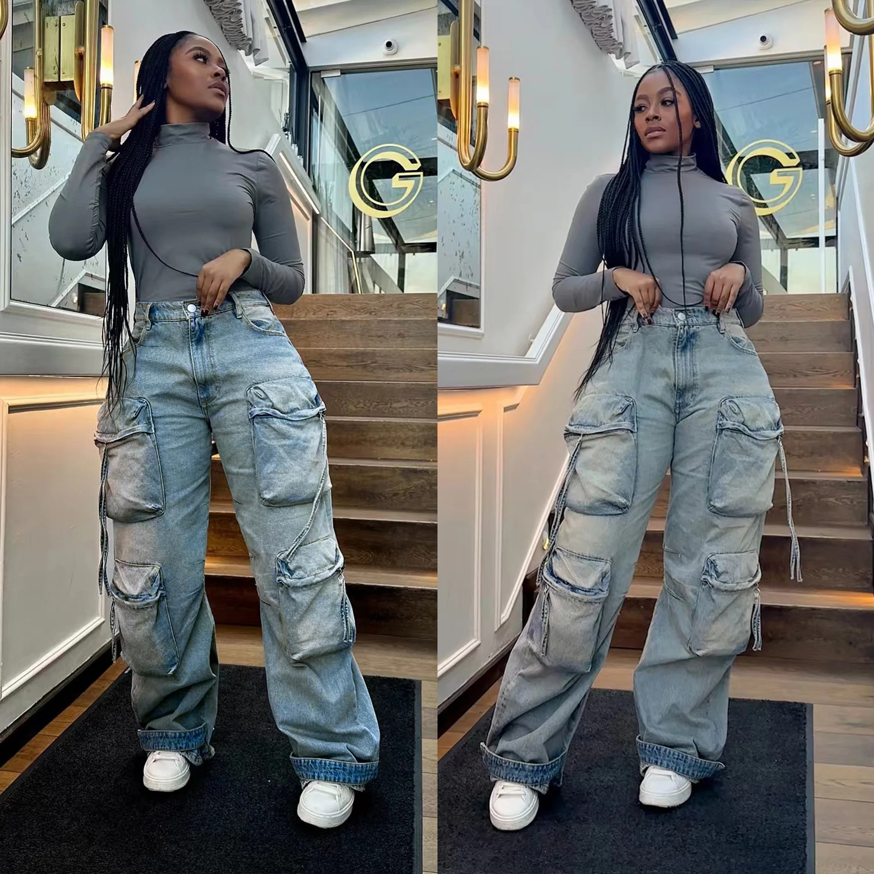 Women Light Blue Solid Color Straight Leg Wide Leg Multi Pocket Baggy Jeans Pants European American Style Denim Trousers Clothes