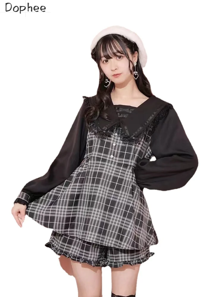 

Dophee Japanese Style Women Two-piece Set Plaid Stripes Peter Pan Collar Long Sleeve Dress + High Waist Ruffles Shorts Suits