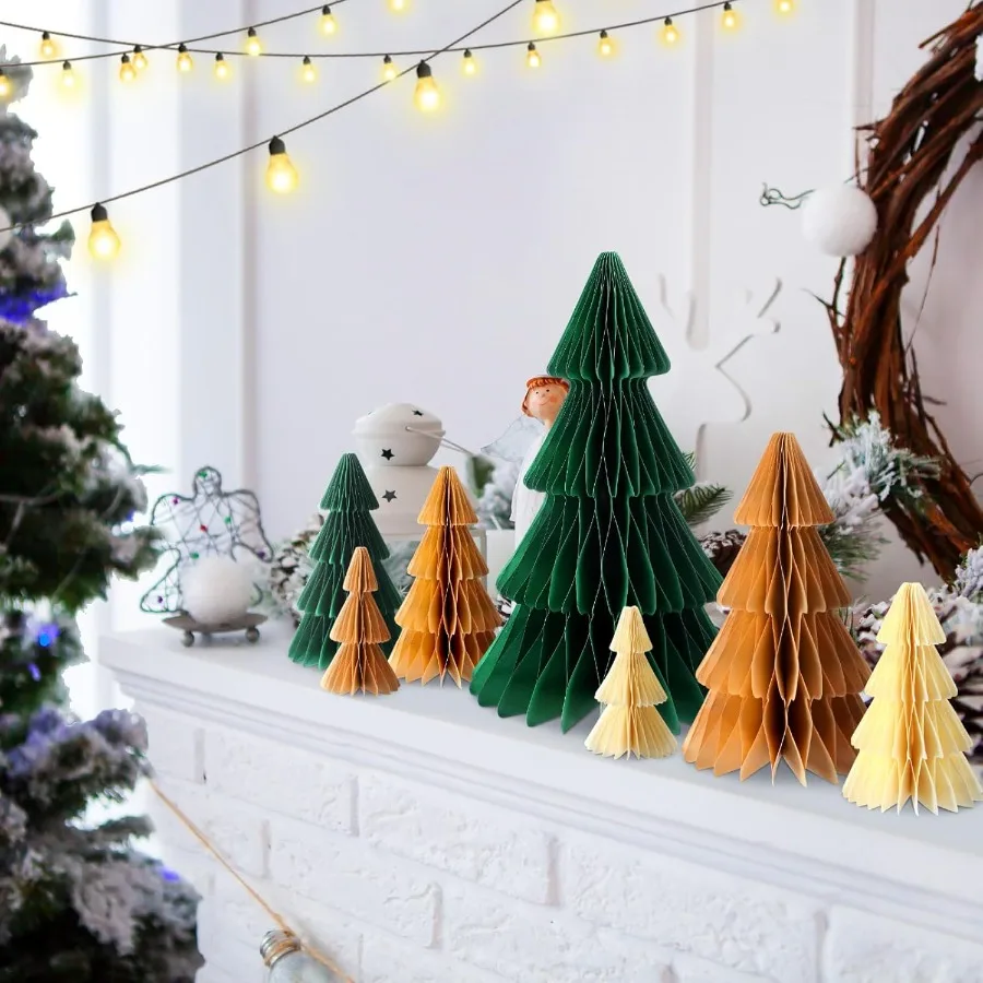 7 Pcs Neutral Christmas Tree Honeycomb Centerpiece Minimalist 3D Paper Trees Centerpiece Modern Christmas Decor Rustic Reusable