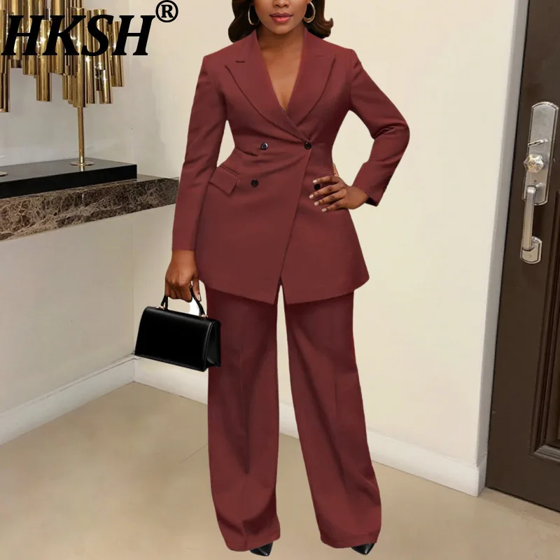 

HKSH Spring Autumn New Women's Two-piece Suit Set Waist Cinching Lapel Blazer Coat Solid Color Pants Elegant Office Lady HK17219