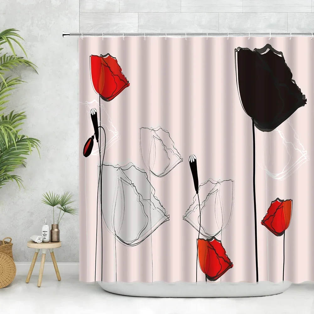 Red Poppy Floral Shower Curtain Hooks Flower Plant Modern Art Black Background Wall Cloth Bathroom Decor Polyester Curtains Set