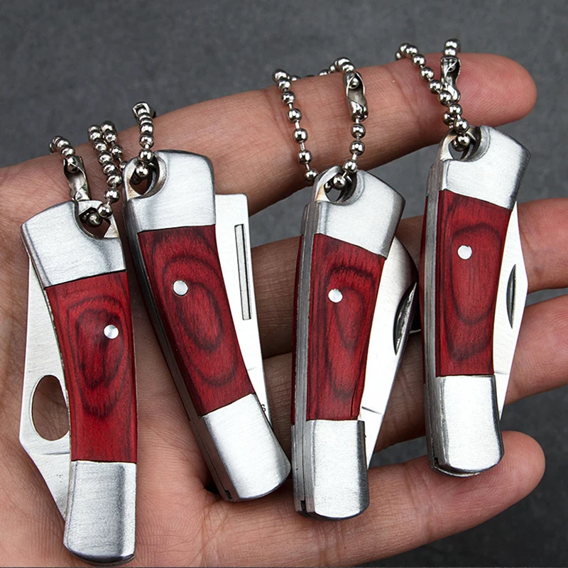 Foldable Knife Keychains Outdoor Barbecue Wooden Handle Fruit Knife Keyring Pocket Knife Key Chains Rings Stainless Steel Tools