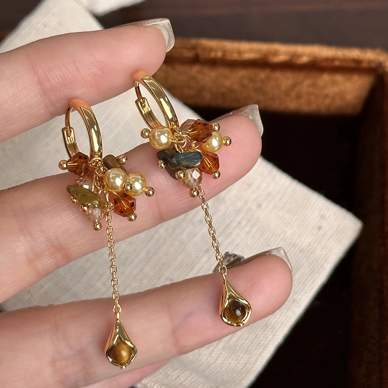 Retro Maillard Gravel Tiger Eye Stone Ear Buckle Tassel Drop Earrings Women Temperament Fashion Jewelry Gift