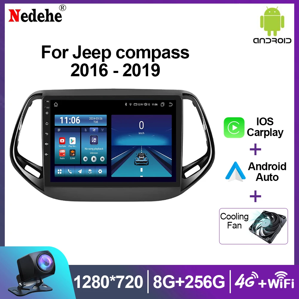 8G 256G Android 14 Wireless Carplay For Jeep Compass 2 MP 2017 - 2019 Car Radio Multimedia Video Player GPS Navigation Head Unit