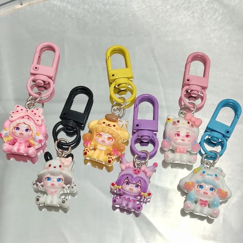 

6PCS Anime Sanrio Hello Kitty Bubble Mart Elf Keychain Kawaii Doll Pendant Key Chain Girl Bags Accessories, Gifts