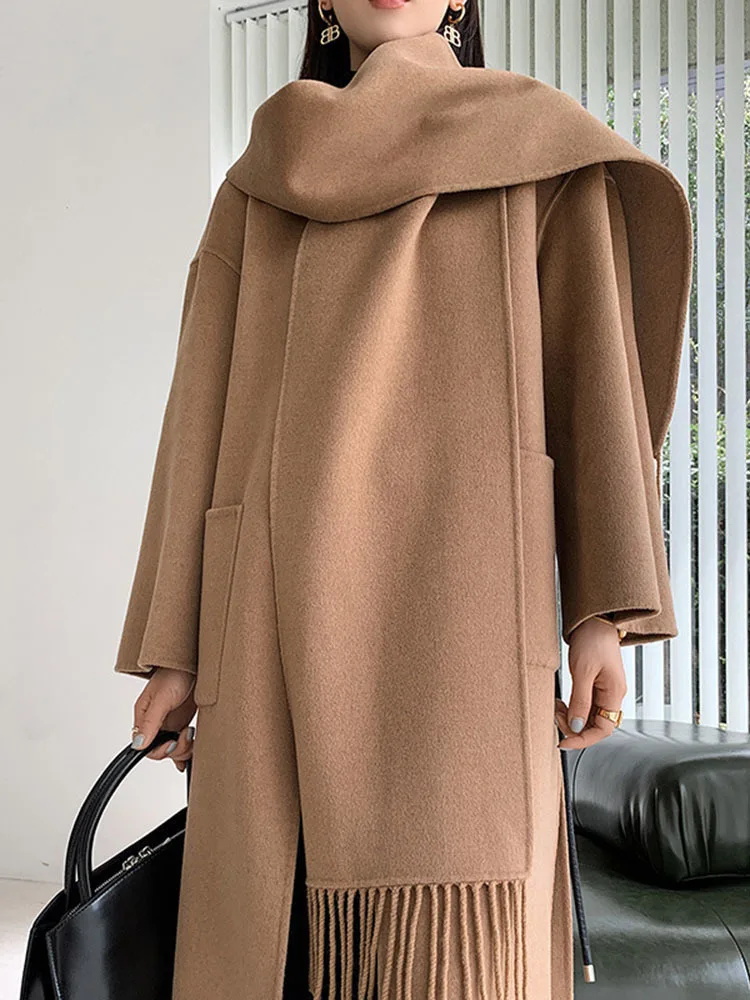 IEQJ Solid Minimalist Scarf Collar Woolen Overcoat For Women Long Sleeve High Waist Belt Spliced Design Coats Female New 3WQ8722