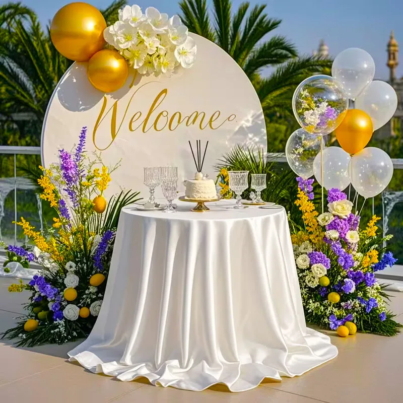 Round Satin Tablecloths,Bright Silk Dust-Proof Table Cover for Wedding Banquet ,Solid Color Wedding Birthday Table Decoration