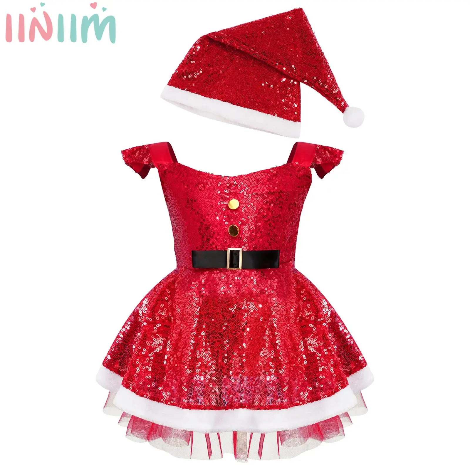 Kids Girls Christmas Costume Flutter Shoulder Sequins High Waist White Terry Trim Mesh Patchwork Dress with Classic Hat Set