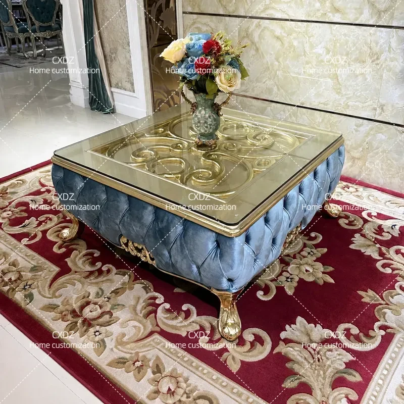 Solid Wood Square Coffee Table with Tempered Glass Top Large Luxury Neoclassical Living Room Furniture