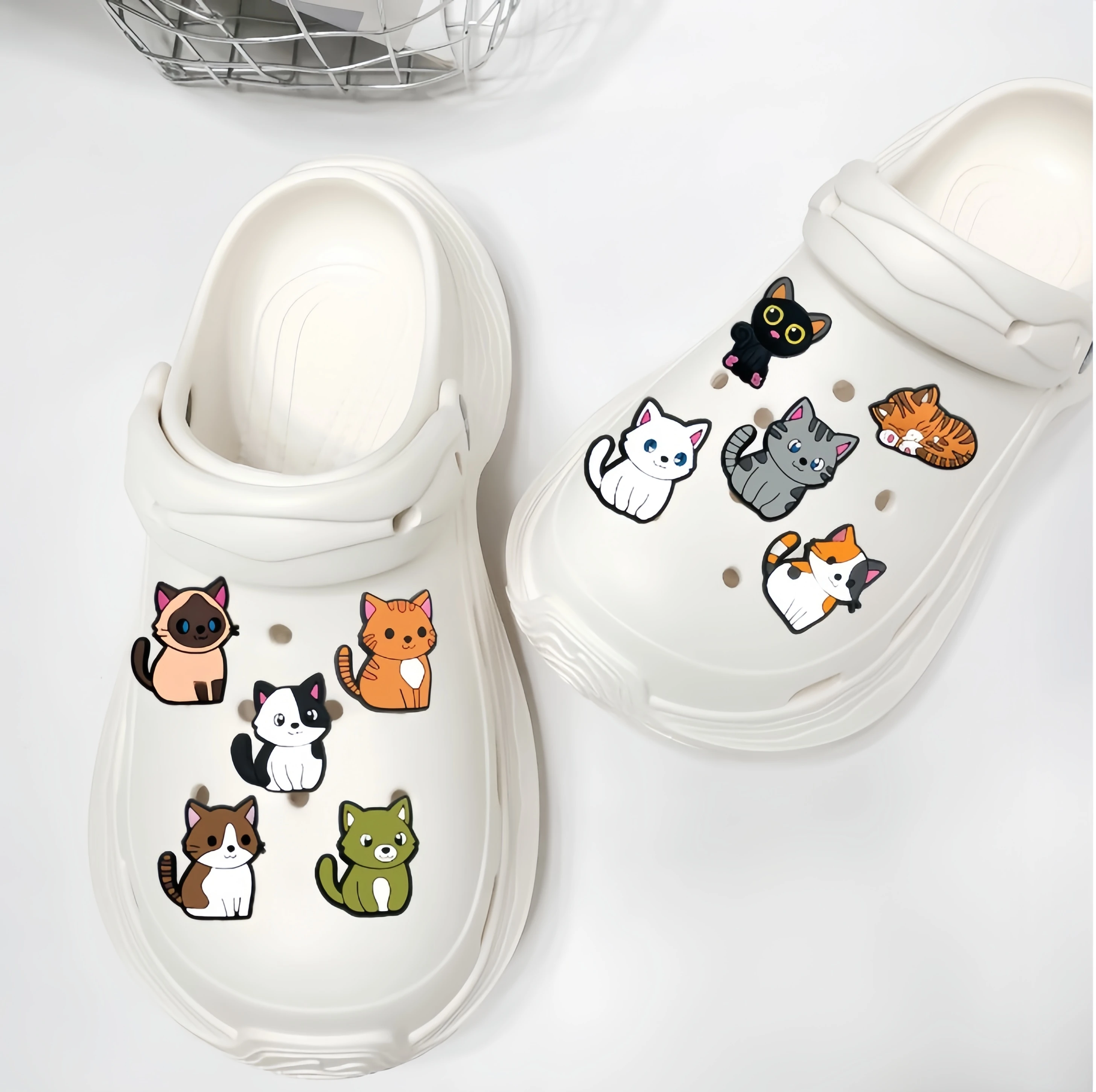 15-Pack Cute Cartoon Cat Croc Charms - Detachable PVC Shoe Decor for Sandals & Beach Bags - DIY Accessories