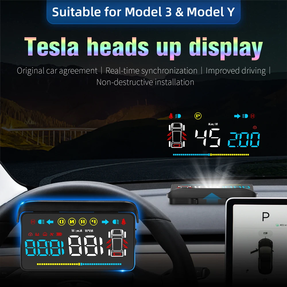 For Tesla Model 3 & Model Y Mirror HUD Head Up Display Speed Mileage Safety Indicator Light Driving Time Door Indicator System