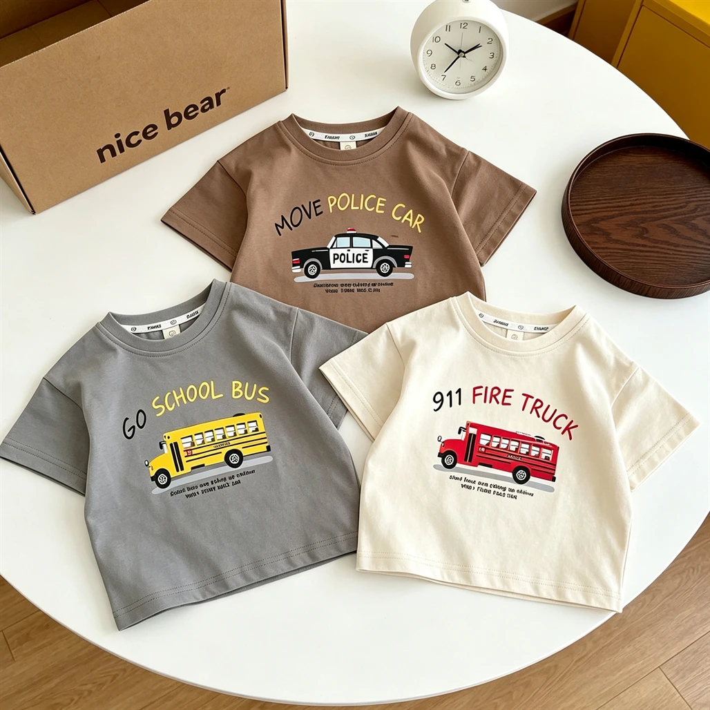 Boys Trendy Clothes Little Cart Printed T-shirt Kids Simple All-match Base Shirt Children's New Design Thin Cotton Short Sleeve