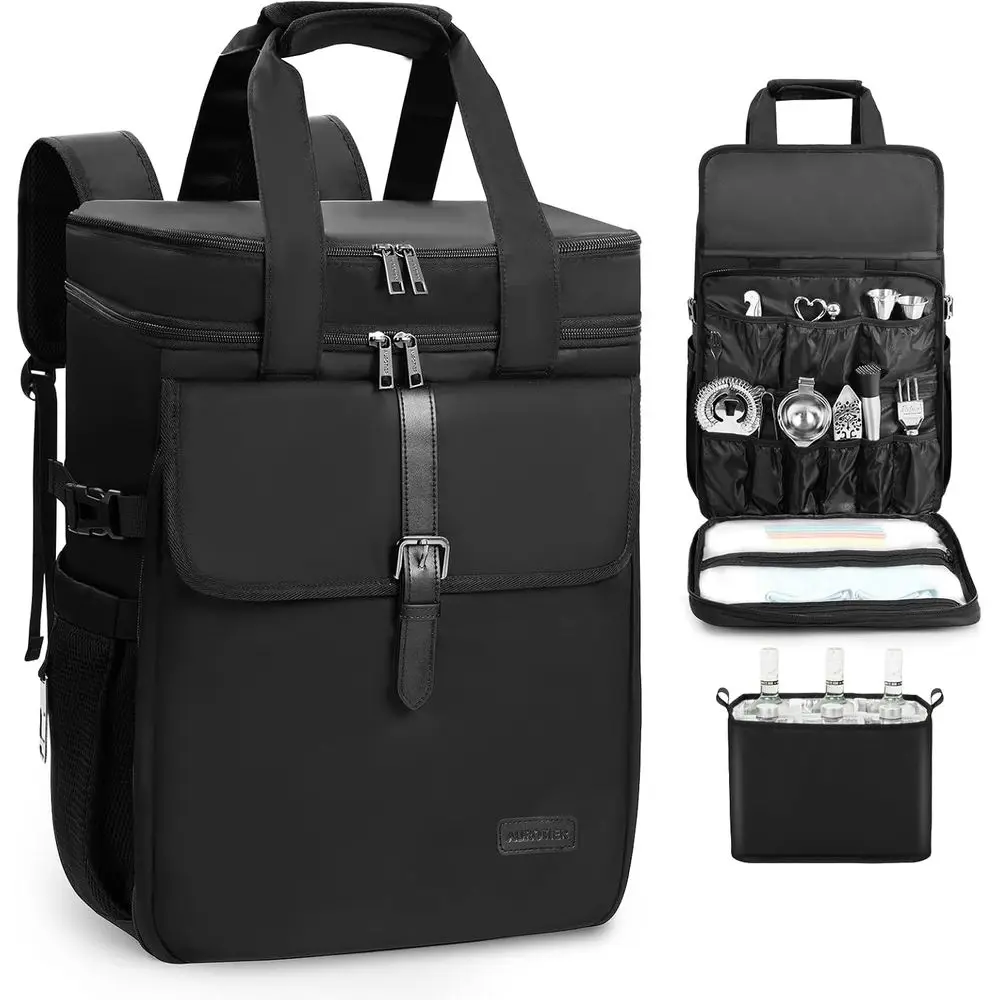 Portable Travel Bartending Kit Backpack - Mixology Essentials with Cocktail Shaker and Wine Bottle Storage for Picnics