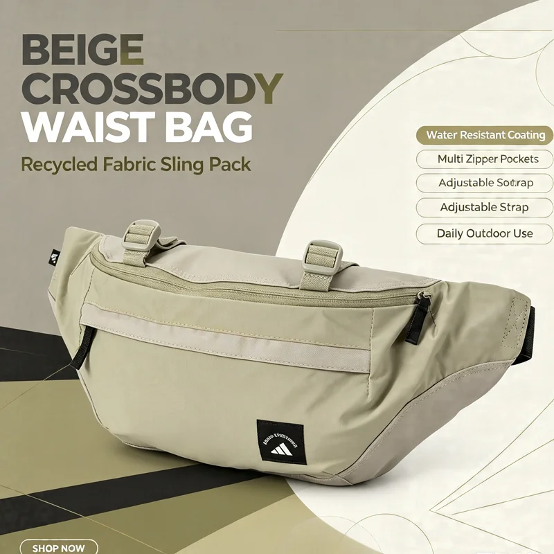 adidas-kt3090-beige-crossbody-fanny-pack-recycled-polyamide-coated-fabric-adjustable-d-ring-strap-multi-pocket-waist-bag