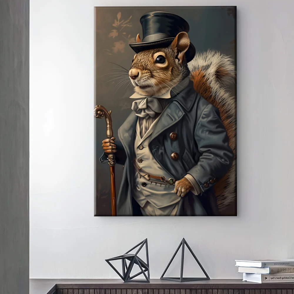 (No frame)1pc Wooden Framed Canvas Wall Art - Gentleman Squirrel in Vintage Attire with Top Hat & Cane, Enclosed Canvas Frame