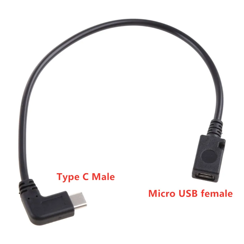 Micro USB para Tipo C Cabo de Dados, 90 Graus Ângulo Direito, USB-C Masculino para Micro USB Conversor Feminino, OTG Cabo Adaptador, 1Pc