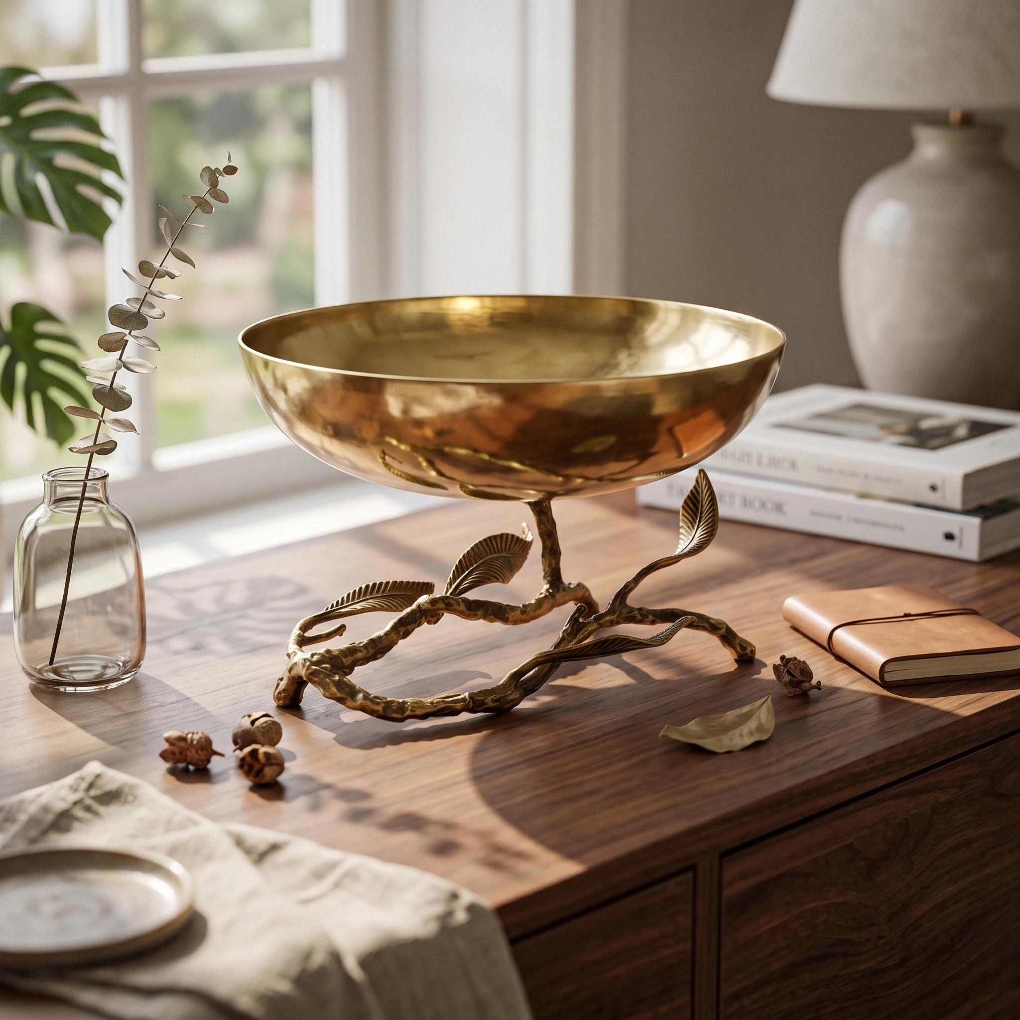 Sculptural Centerpiece Bowl Gold-Tone Metal Bowl with Stand Elegant Shiny for Dining Table, Tabletop