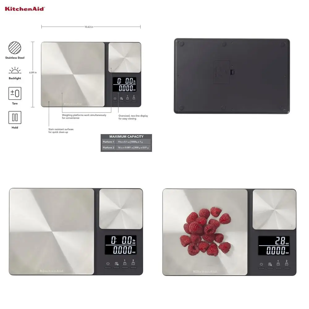 

Dual Platform Digital Kitchen Scale, 11 lb and 16 oz Capacity, Black with Stainless Steel