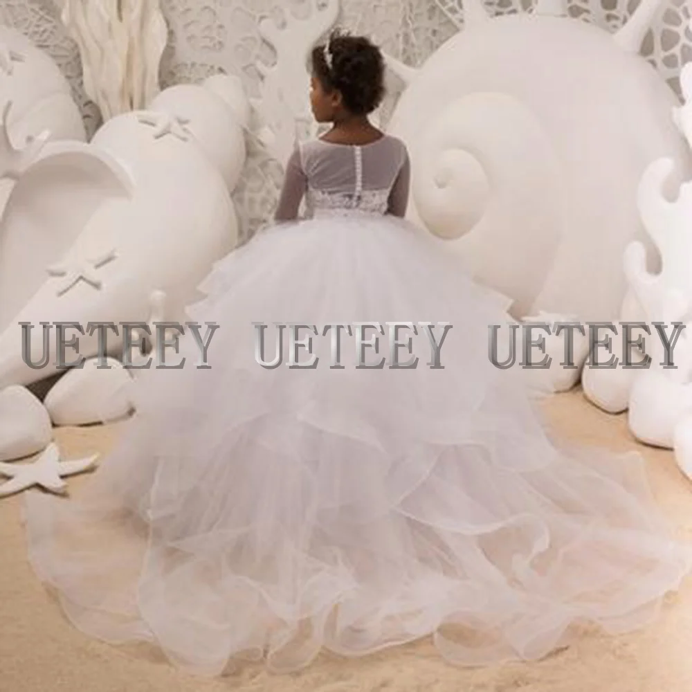 CustomizedUETEEY White Flower Girls Dress Princess Full Sleeve Tulle Long Kid Buttons Back Sexy A-Line Pageant Party Dress