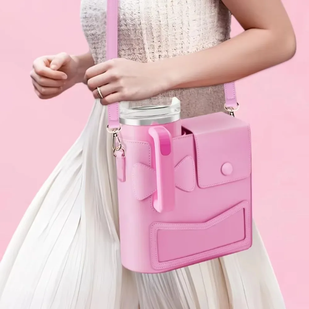 

Crossbody Water Bottle Storage Bag Adjustable Shoulder Strap PU Leather Travel Cup Holder Large Capacity Water Cup Carrier