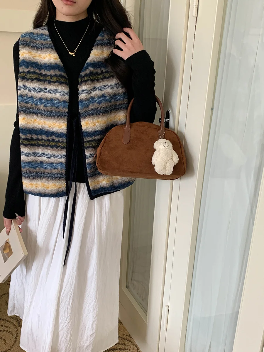 

Early autumn new Fel Island retro contrasting striped particle velvet vest