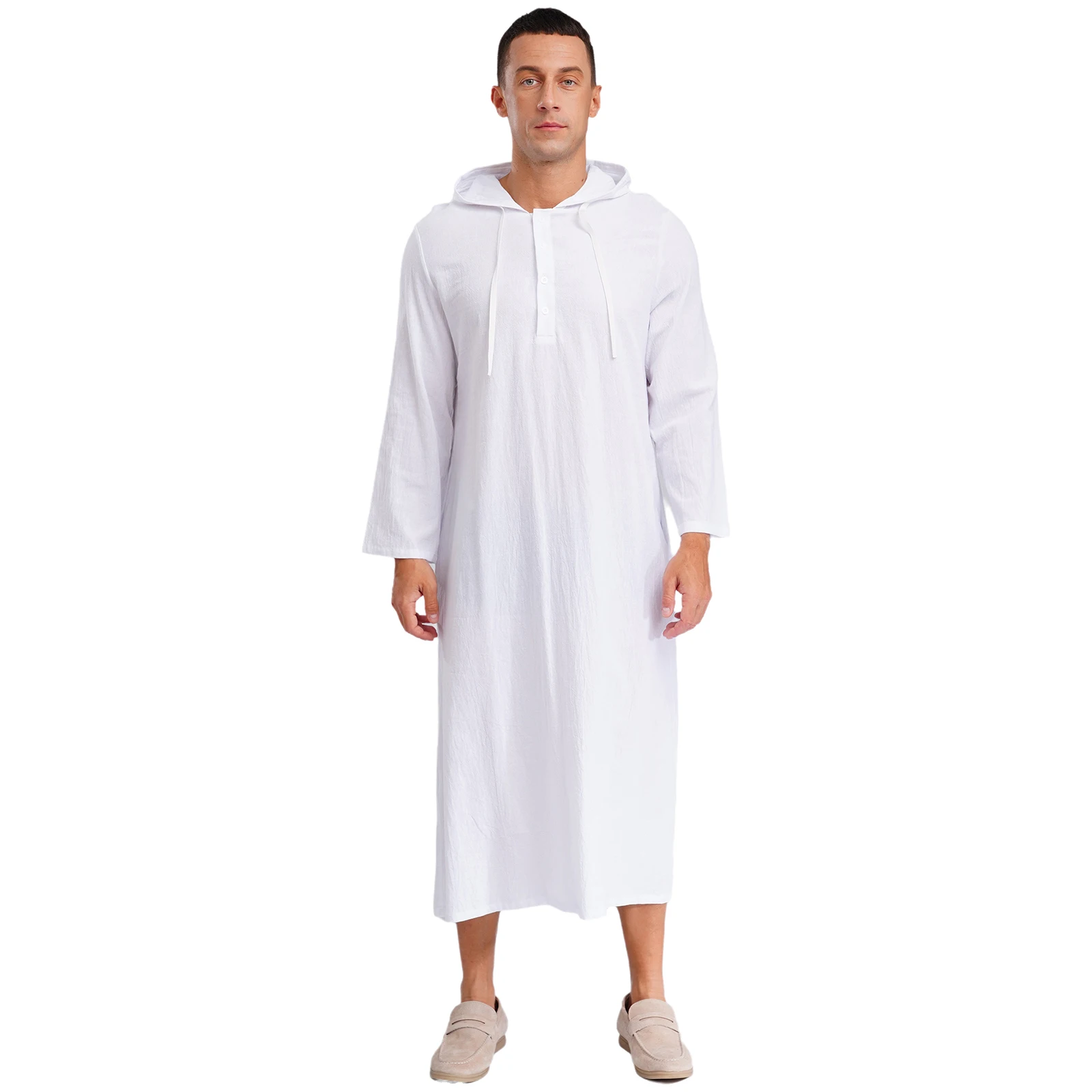 Mens Jubba Thobes 리넨 이슬람 가운 주머니가있는 후드 중동 이슬람 아랍어 모로코 Kaftan Eid기도 긴 가운 드레스