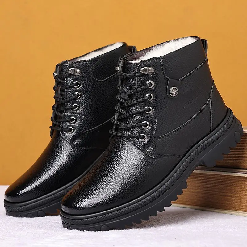 

Men's Winter Thickened Cowhide Leather Fleece Lined Snow Boots Wool Insulated Anti Slip Lace Up Casual Shoes for Men