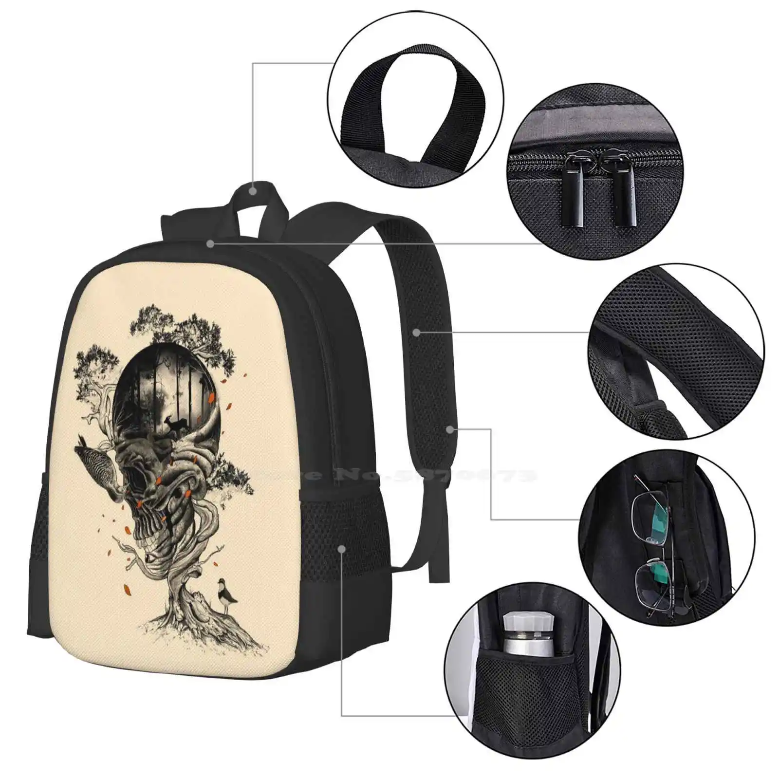 Mochila escolar de grande capacidade, sacos para laptop, crânio, flora, folhas, floresta de veados, perdido preto e branco, natureza selvagem vermelha, perdido