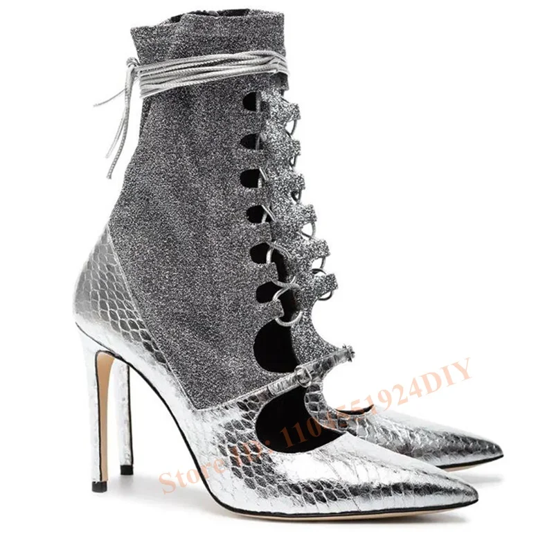 Botas tipo calcetín de cuero plateado estilo Punk para mujer, tacón alto, puntiagudos, con cordones, correas con hebilla, envoltura en el tobillo, tacones finos, zapatos de verano para mujer