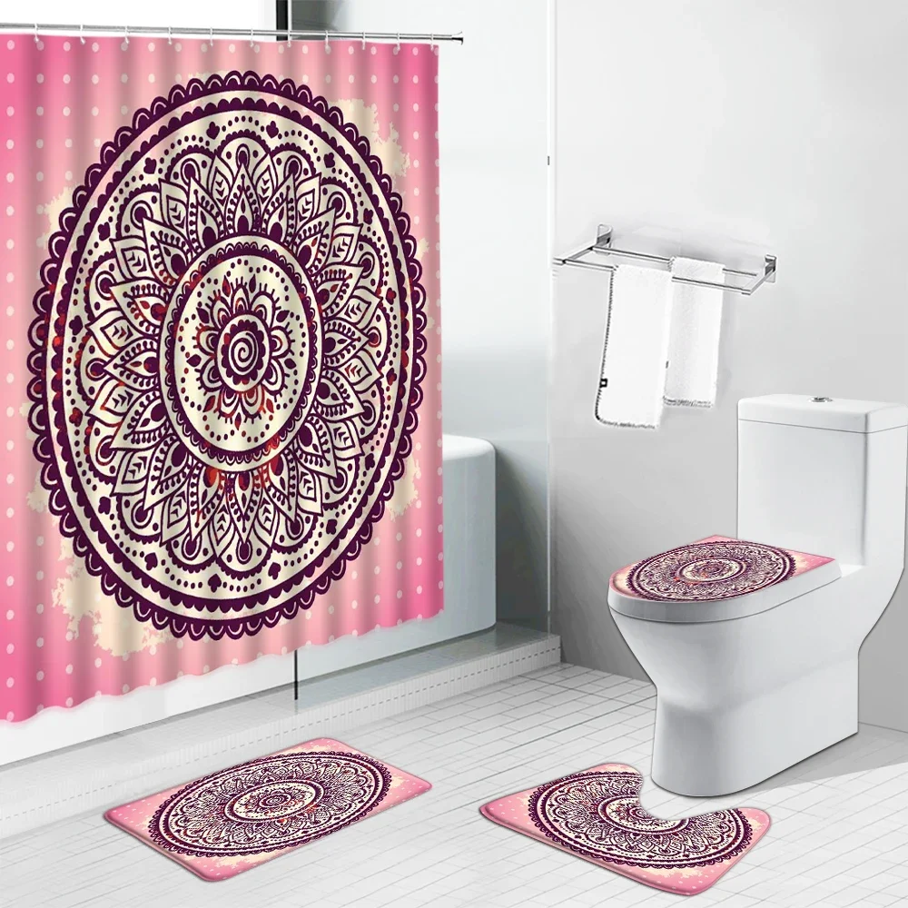 Indian Ethnic Floral Mandala Flower Shower Curtain Vintage Arabic Art Non-Slip Rug Toilet Cover Carpet Mat Bathroom Curtains Set