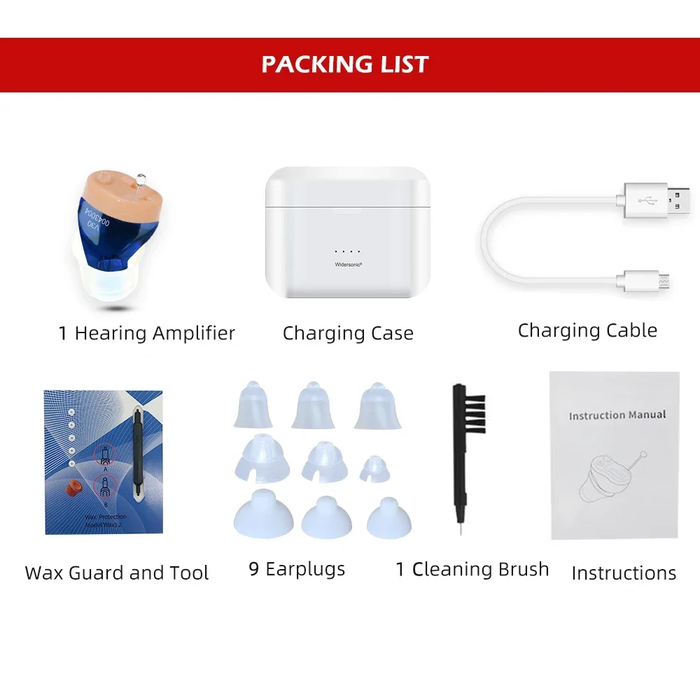 Rechargeable Hearing Aid Audifonos V30 ITC Invisible Earbuds Adjustable Tone Sound Amplifier In-Ear Hearing Device