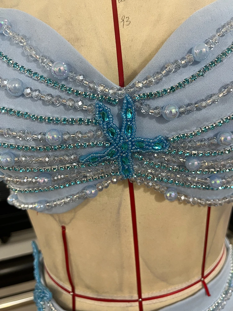 Women Mint Green 2 Piece Outfit Rhinestone Bead Crop Top Mini Skirt Set Star Decor Halter Two‑Piece Club Party Festival Costume