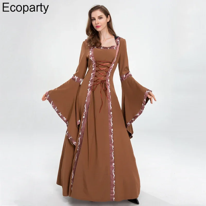 Women Medieval Retro Gothic Hoodie Witch Costume Luxury Womens Square Neck Long Flared Sleeves Dresses Hallowee Carnival Outfit