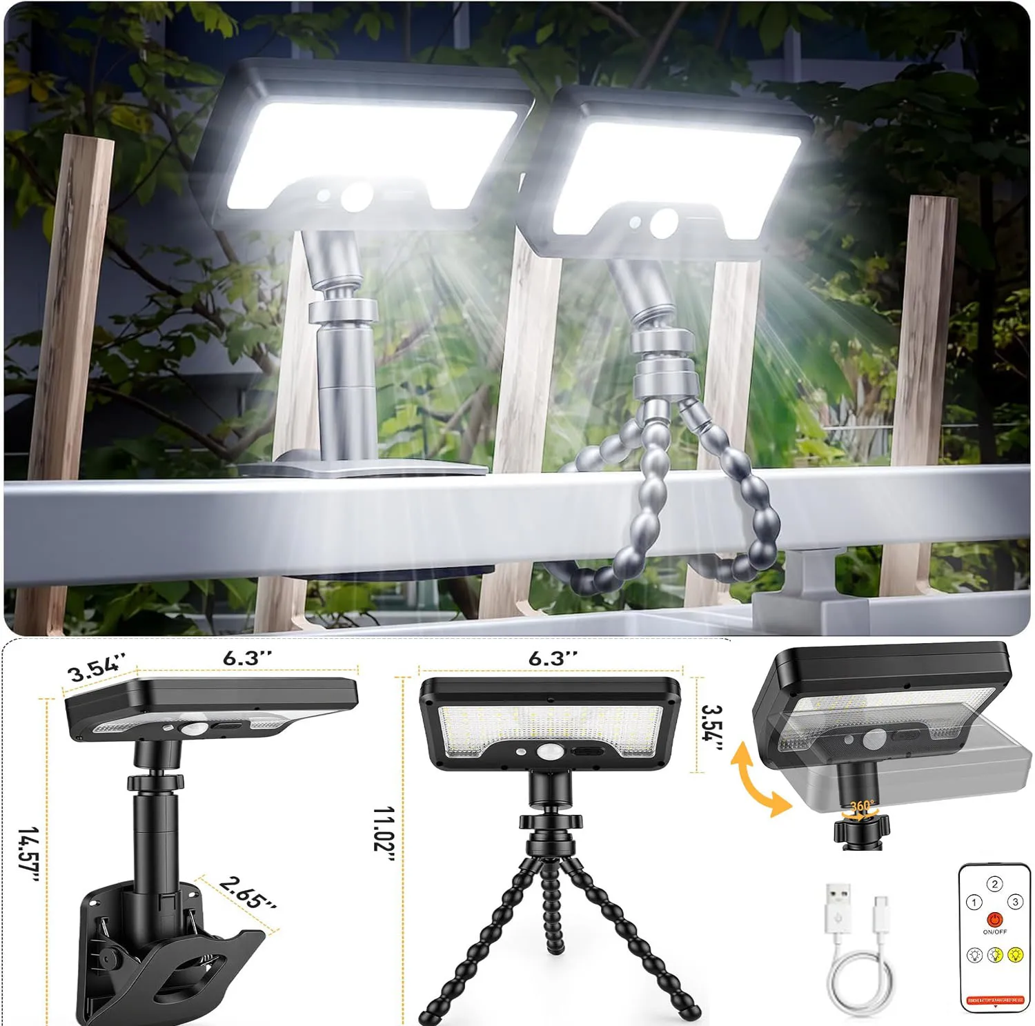 クリップオンソーラーモーションセンサーランプ-3色led-フレキシブルタコ三脚付き-360度回転-°-防水屋外ガーデンフェンスセキュリティライト