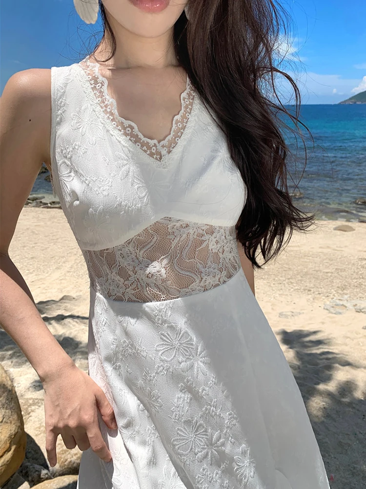 ผู้หญิงวันหยุดชุดยาวสีขาวสุภาพสตรีเซ็กซี่หวานลูกไม้ SHEER High Slit Ruffles Hook Floral Hollow Robe PARTY Holiday Vestidos