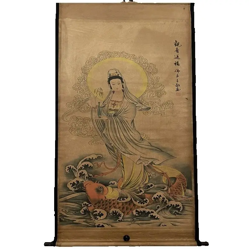 

China old Celebrity paintings- Character Painting watercolor painting of Guanyin sends blessings to fortune Scroll Hanging paint