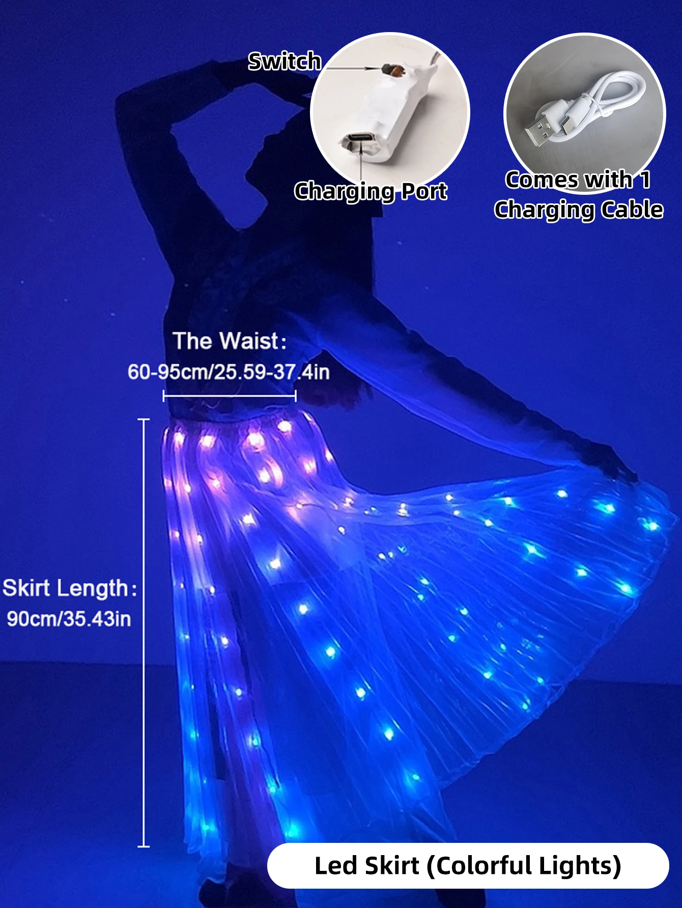 LED Light Up Belly Dance Skirt, LED Long Tutu Skirt for Rave, Halloween, Christmas Party, Dazzling LED Clothing for Women White