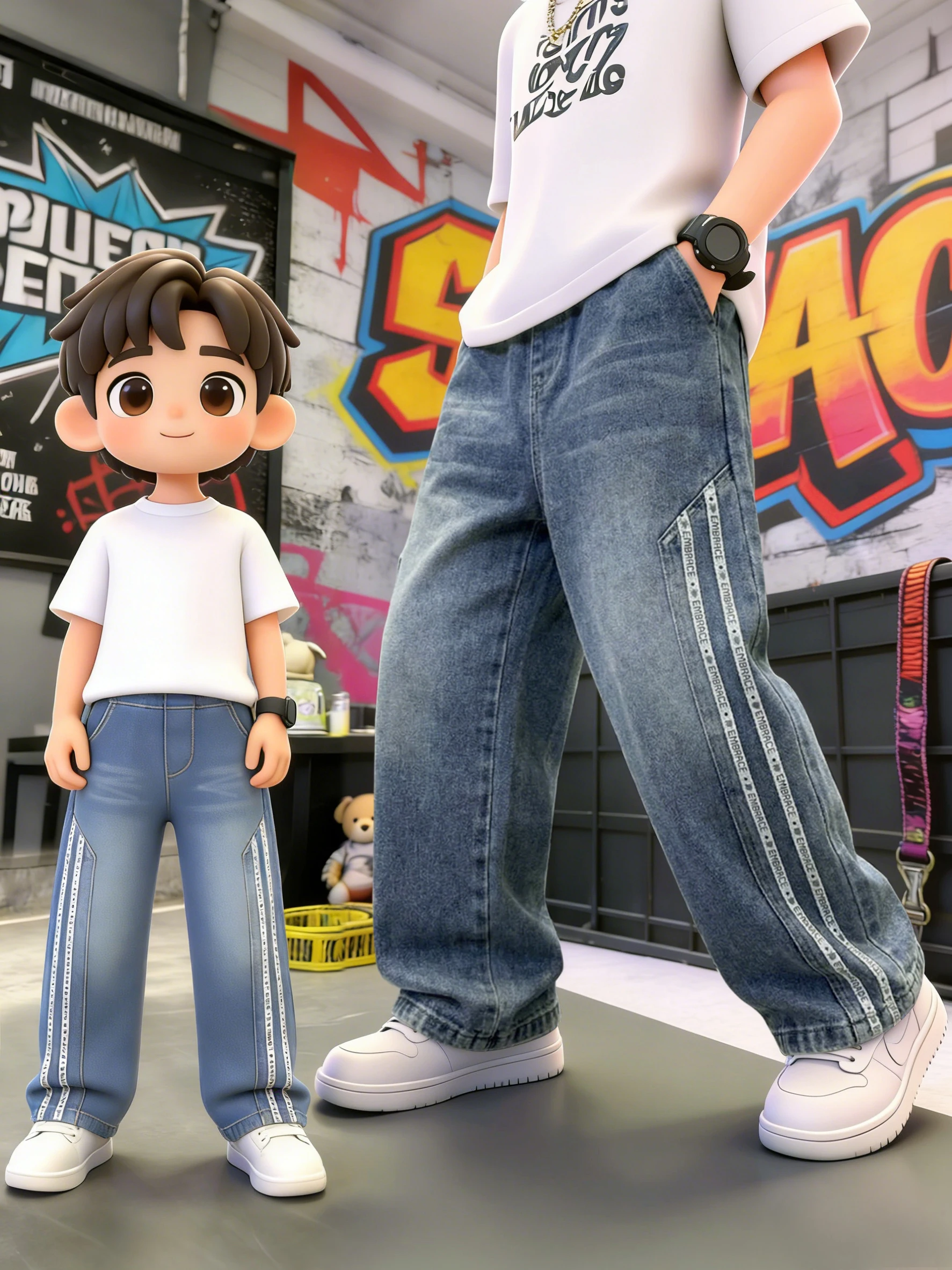 Original Design Boys' Jeans with Lettering on Both Sides, Trendy Printed Casual Children's Clothing Pants, Elastic Waist Vintage Washed Kids' Jeans, Stylish and Versatile, Perfect for Daily Wear and Outdoor Activities