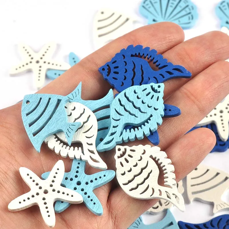 10/25pcs 3-6cm Mixed Blue White Fish/Seashells/Starfish Wood Slices DIY Scrapbook Crafts Wooden Hanging Ornaments Home Decor