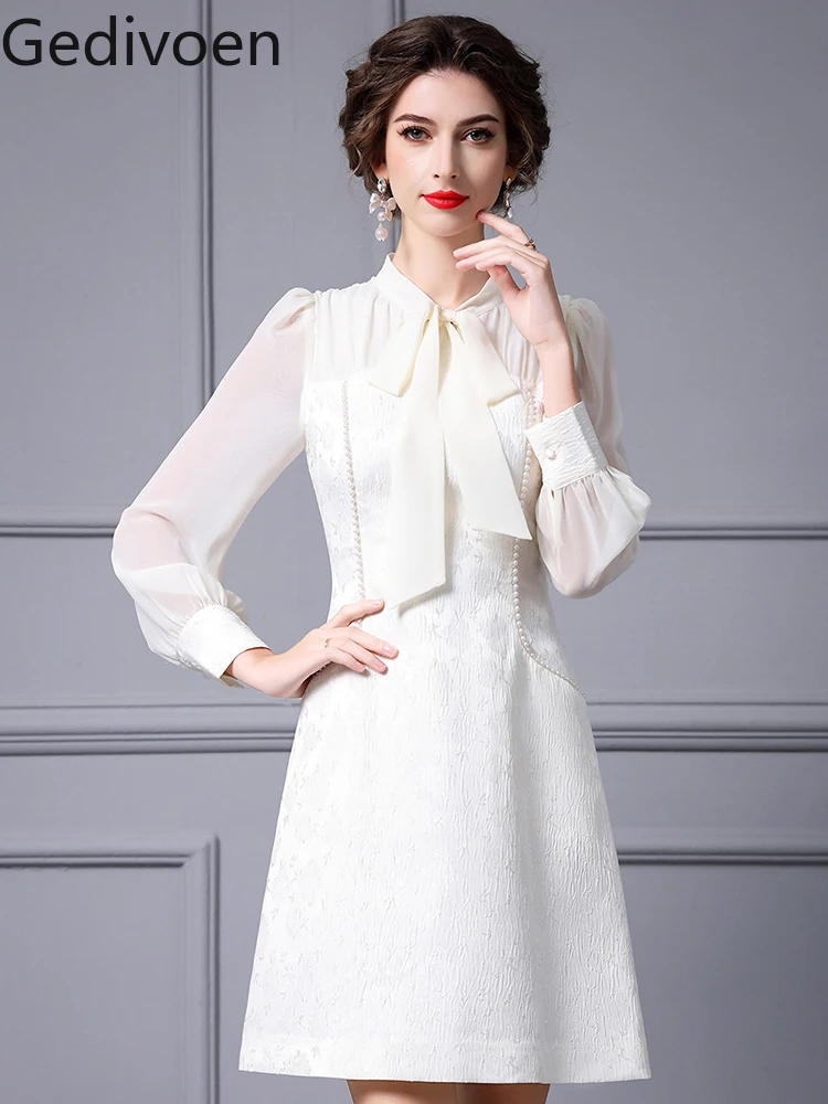 

Gedivoen Fashion Designer Spring Women's Dresses Butterfly Collar Beading Solid Empire Elegant Office Lady A-line Dress