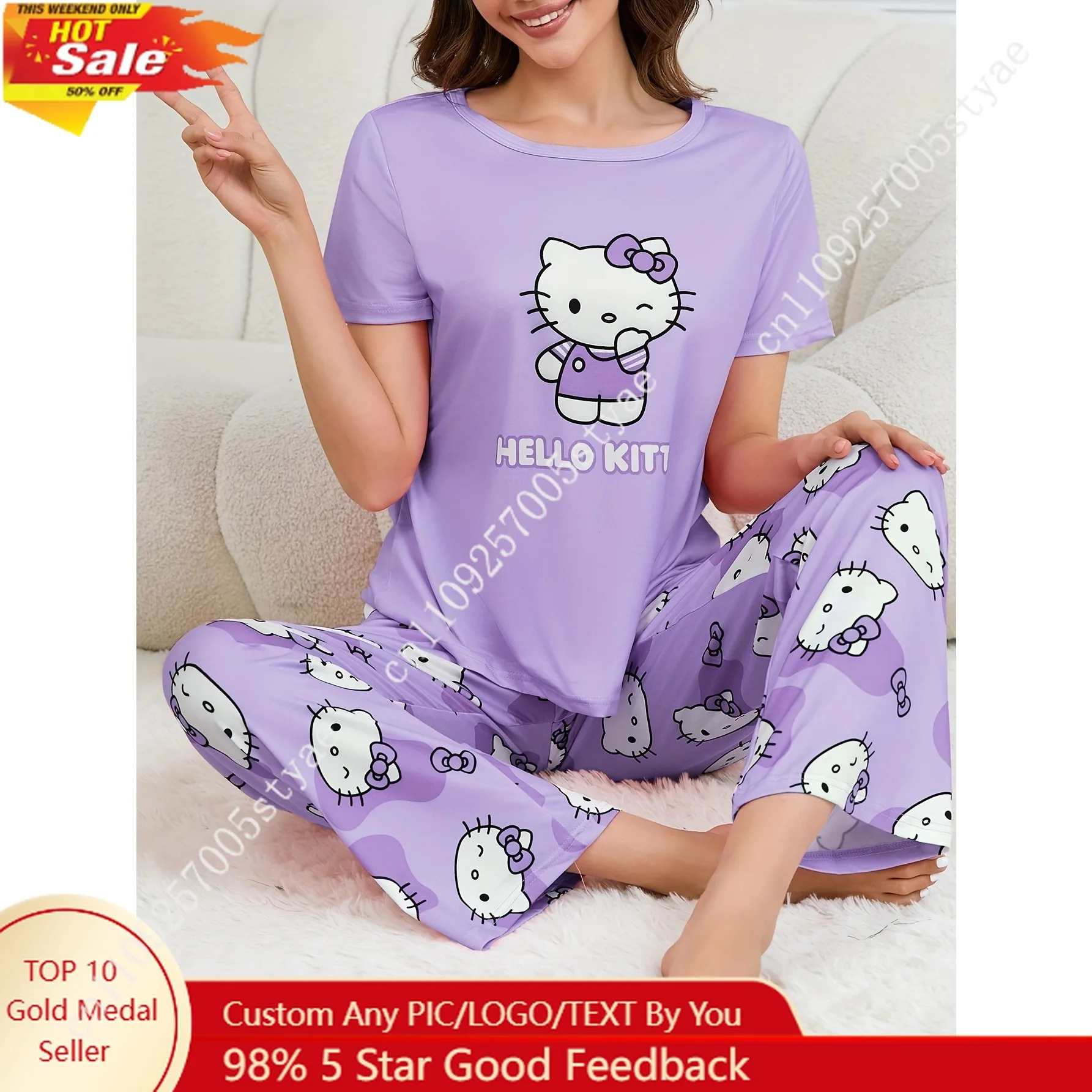 

Sanrio Hello Kitty Women's Cute Print Casual Pajama Set Short Sleeve Round Neck Top and Pants Comfortable Loose Fit