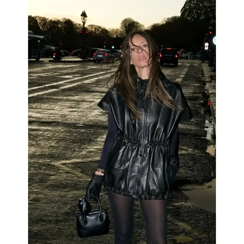 レトロブラック巾着フェイクレザージャケット、レディースソリッドカラー半袖スタンドカラージッパールーズミッドレングスコート