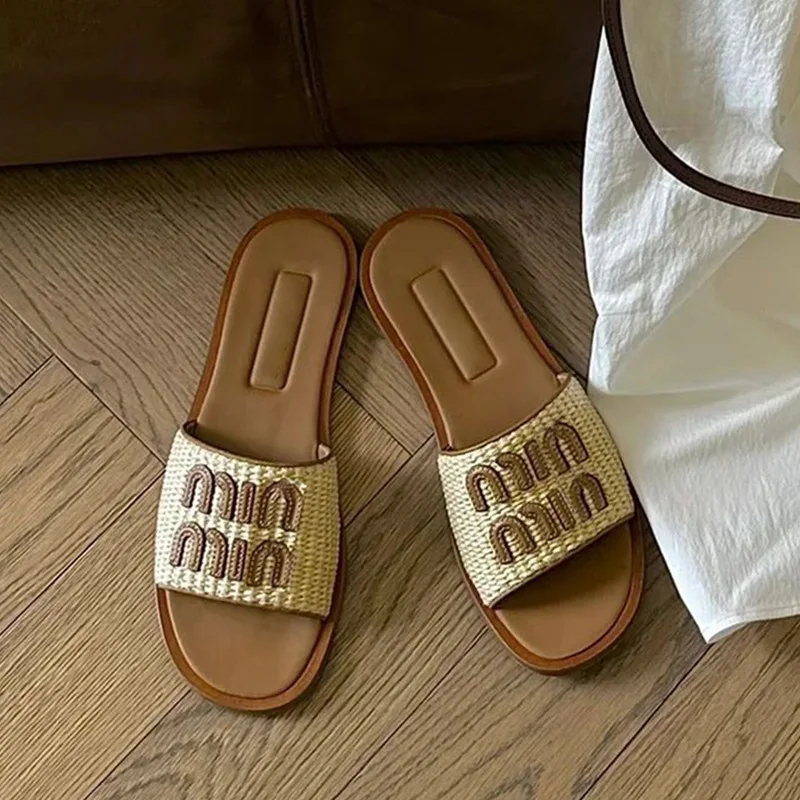 

​Women's Braided Toe Slide Sandals with Contoured Comfort Base - Soft Flat Sole Design for Casual Everyday Wear