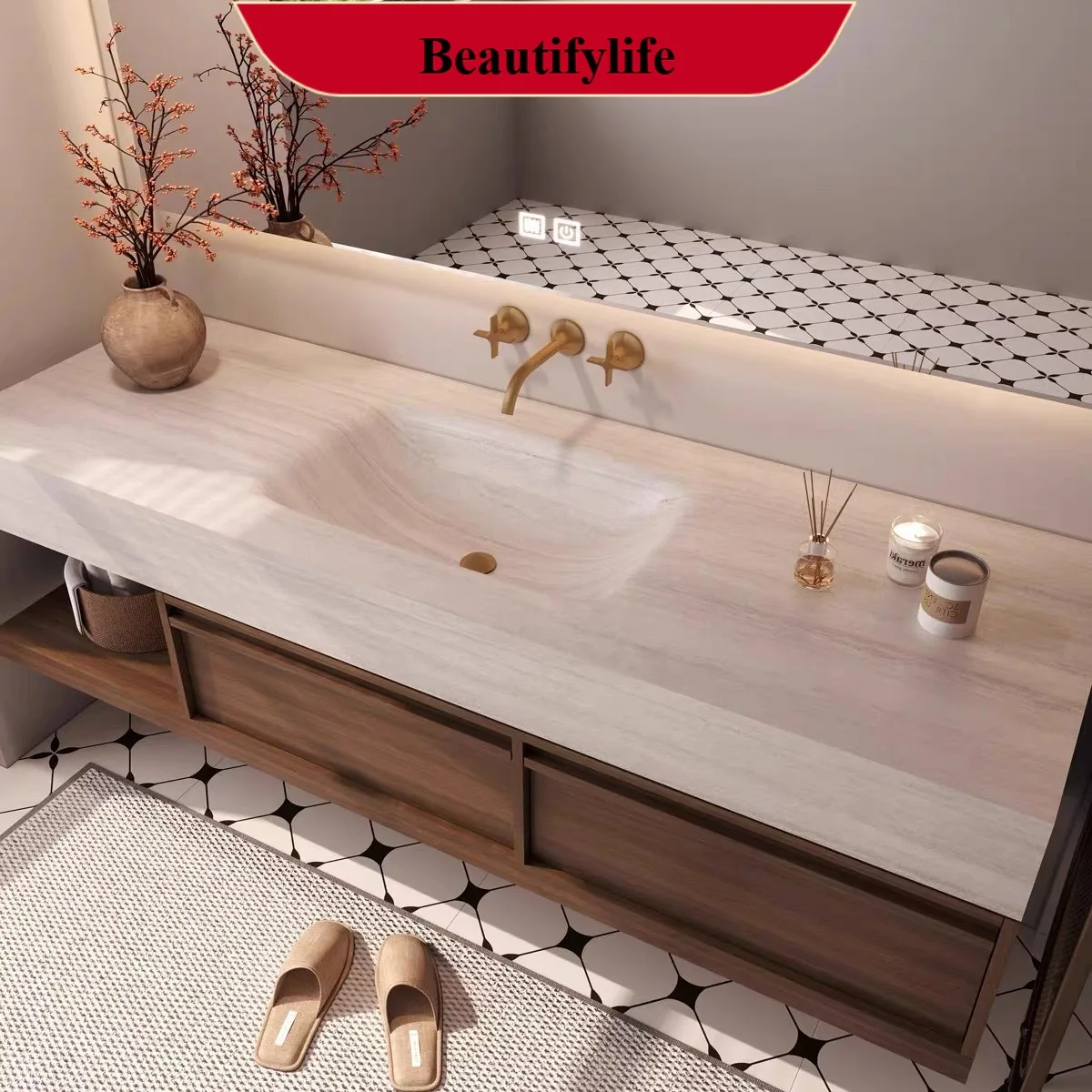 

D132 Bathroom Furniture Skin Basin Seamless Stone Vanity Set Bathroom Cabinet with Sink and Mirror Manufacturer Resistant & Dura