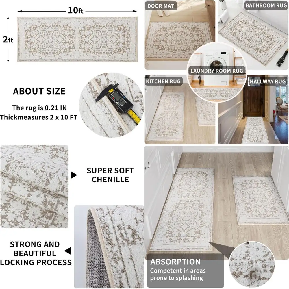 

Khaki Boho-Style Low Pile Non-Slip Runner Rug, 2x10 ft, Washable for Hallway, Bathroom, Kitchen, Entryway, and Living Room