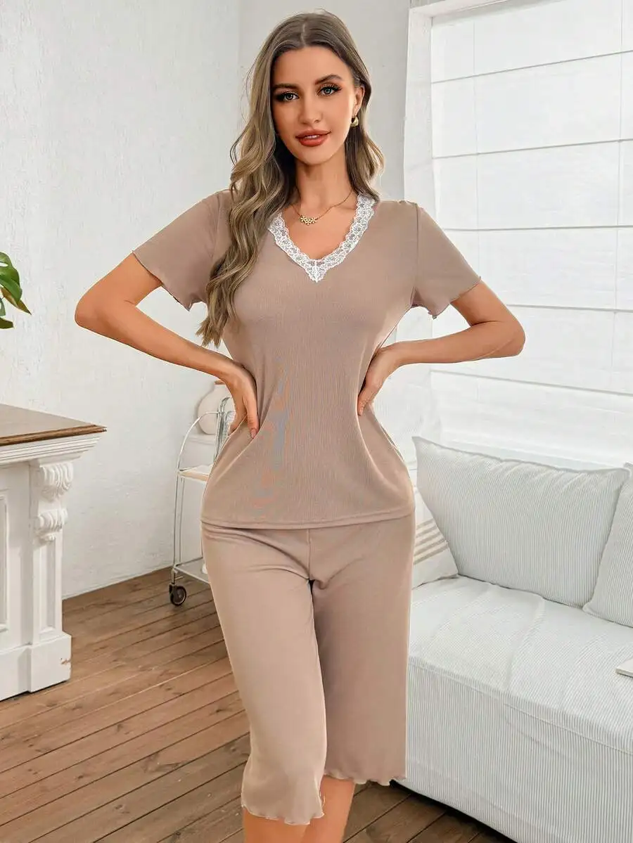 Women Lace Trim V-Neck Short Sleeve Pajama Set Beige Spring Summer