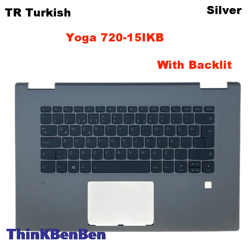 TR Turkish Backlit Keyboard With Silver Upper Case Palmrest Shell Cover For Lenovo Yoga 720-15 IKB Laptop 5CB0N67960