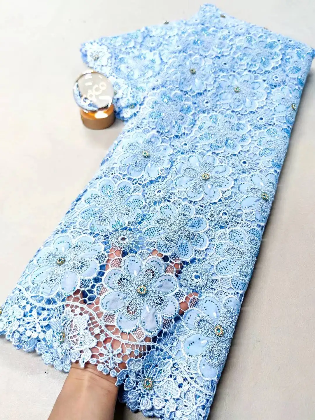 

2025 High-Quality Nigerian Tulle Lace Fabric for Wedding Dress Embroidery Sewing Sequins Party Guipure Chiffon 5Yard XL119